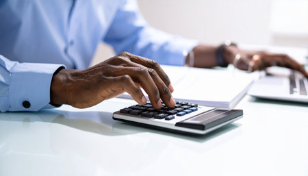 Closeup of businessman using calculator at desk in office. African-american businessman using calculator and laptop. Finance and accounting conceptの素材