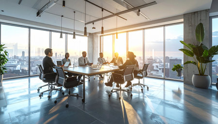 Business people working together in modern office with panoramic city viewの素材
