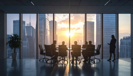 Silhouette of business people meeting in modern office. Mixed mediaの素材