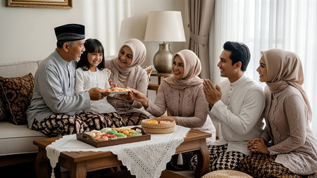 muslim family celebrating Eid al-Fitr with family at homeの素材