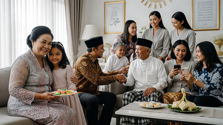 asian family celebrating eid mubarak together in living roomの素材