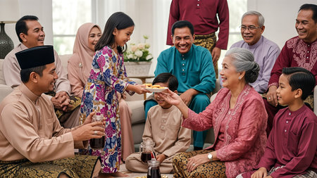 muslim family celebrating eid mubarak with family at homeの素材