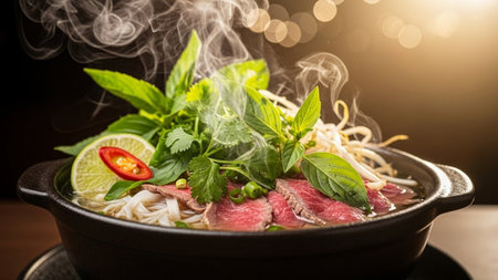 Vietnamese soup pho with beef and vegetables in a bowlの素材