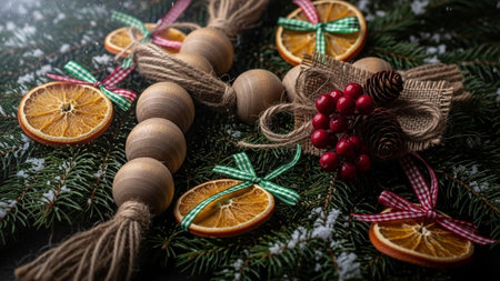 Christmas decoration with fir tree branches, dried oranges and berries on wooden backgroundの素材