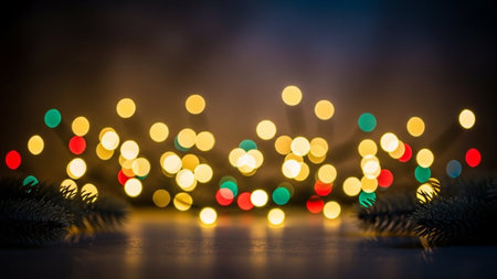 Christmas background with bokeh defocused lights and fir tree branchの素材