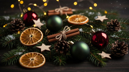 Christmas decoration with fir branches, cones and dried orange slices on wooden backgroundの素材