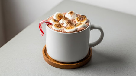 Hot chocolate with marshmallows in a white cup on a white backgroundの素材