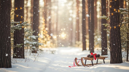 Christmas and New Year concept. Wooden sled in the winter forest.の素材