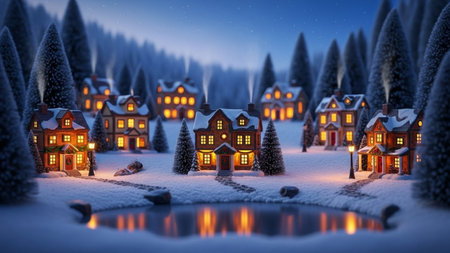 Winter village with christmas trees and houses. 3D rendering.の素材