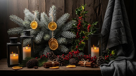 Christmas still life with candles, fir branches, dried orange slices, pine cones, holly berries on a wooden backgroundの素材