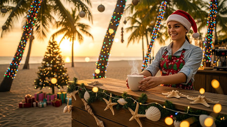 Woman in red apron and santa hat drink coffee on tropical beach at sunsetの素材