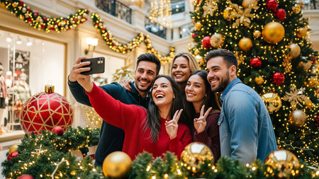 Group of friends taking a selfie with a mobile phone at the Christmas market.の素材