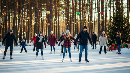 people, leisure, sport and friendship concept - group of happy friends skating on ice rink outdoorsの素材
