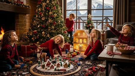 Group of children playing with toys at home in front of Christmas tree.の素材