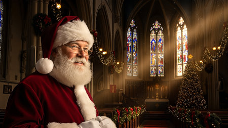 Portrait of Santa Claus sitting at the altar in front of the churchの素材