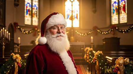 Portrait of Santa Claus in the church. Christmas and New Year concept.の素材