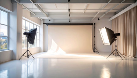 Interior of modern photo studio with lighting equipment and empty white wallの素材