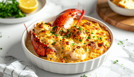 Lobster baked with cheese and herbs in a ceramic baking dishの素材