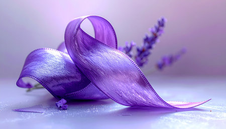 Purple lavender ribbon and lavender flowers on white background.の素材