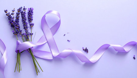 Purple ribbon and lavender flowers on purple background. Prostate cancer awareness conceptの素材