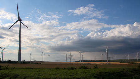 Wind turbines in Germany. Wind farm. Green electricity production.