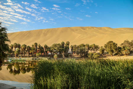 Huacachina - an oasis in the middle of the Peruvian desert, view of palm trees and a lagoon with boats and sandy dunes in the background.の写真素材