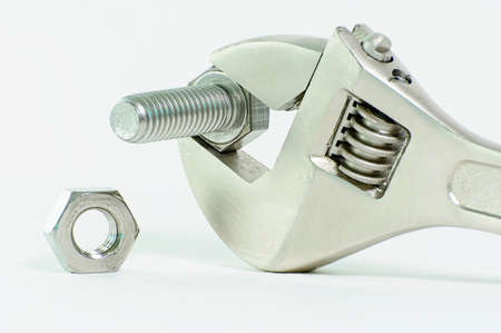 Wrench & hex bolt & hex nut on a white background.の写真素材