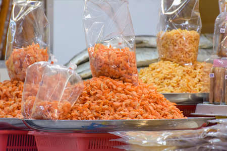 Asian style dried shrimp in market for sale.の写真素材