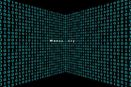 WannaCry lurk in the binary code on a black background.