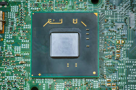The components of the motherboard. Include chip, ic, cpu socket, heatsink and many port.