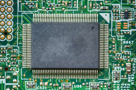 The components of the motherboard. Include chip, ic, cpu socket, heatsink and many port.