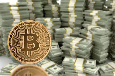 One bitcoin on the money stack background.