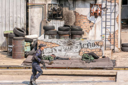 The terrorist group is being attacked by the special unit.