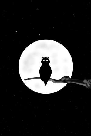 Halloween Concept background with a owl on a branch and moon on halloween night.の写真素材