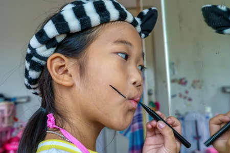 Close up the girl is making up sugar skull style. Day of The Dead. Halloween.の写真素材
