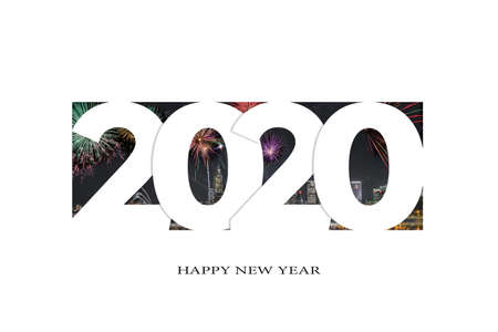 Happy New Year 2020 logo text design. Cover of business diary for 2020 with wishes. Brochure design...