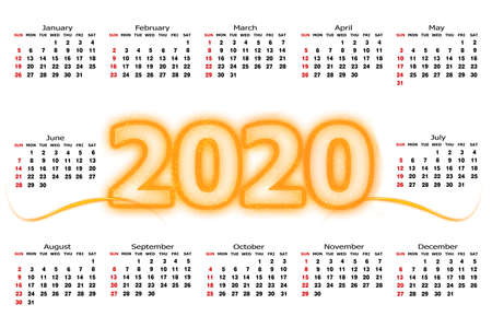 Calendar 2020 template on a white background. Week starts on Sunday, holidays in red colors.
