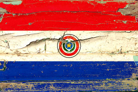 3D Flag of Paraguay on a old wood wall background.の写真素材