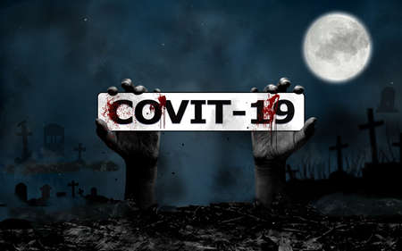 Halloween Covit-19 Concept with hand rising from the ground in the cemetery, moon, castle, tee, owl...