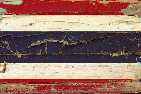 3D Flag of Thailand on a old wood wall background.の写真素材
