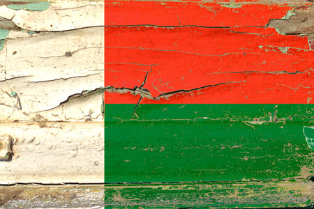 3D Flag of Madagascar on a old wood wall background.の写真素材