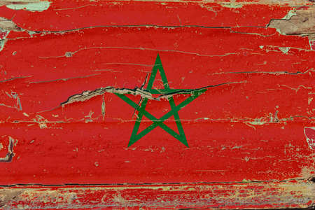 3D Flag of Morocco on a old wood wall background.の写真素材