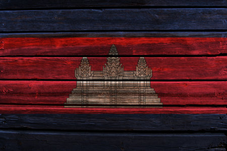 3D Flag of Cambodia on old wood wall background.の写真素材
