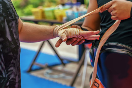 Prepare for training thai boxing in a boxing stadium.