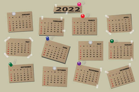 Calendar 2022 type monthly on the board. Week starts on Sunday, holidays in red colors. Vector illustration.の写真素材
