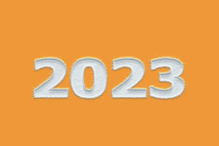 3D illustration New Year concept 2023 design with text snow design on a marigold color background.