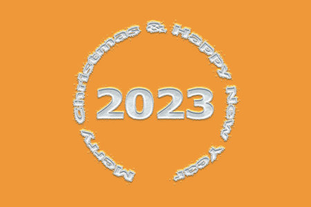 3D illustration New Year concept 2023 design with text snow design on a marigold color background.の写真素材