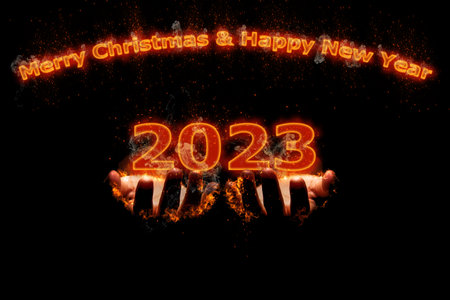 3D illustration New Year concept 2023 design with text fire design on the fire was burning hands.