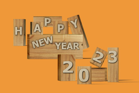 3D illustration New Year concept 2023 design with text on the wooden box on a marigold color...