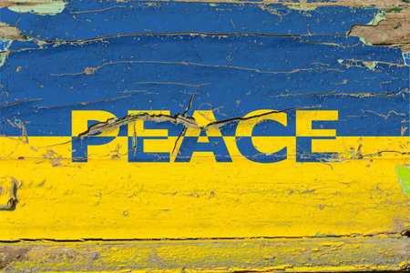 3D Flag of Ukrainian on an old wood wall, the concept of peace in Ukraine. Stop world war.の写真素材